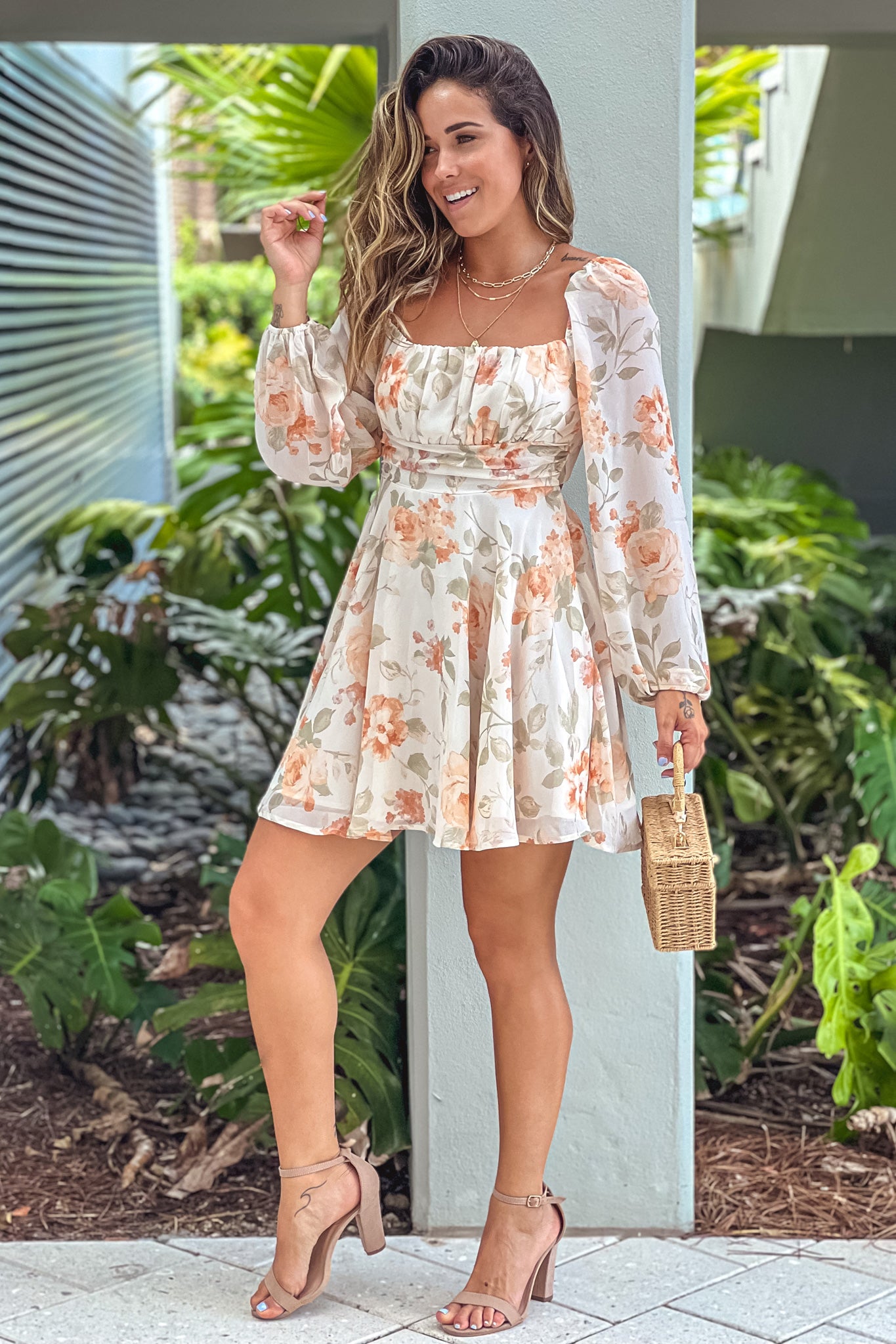 cream and coral floral short dress with long sleeves