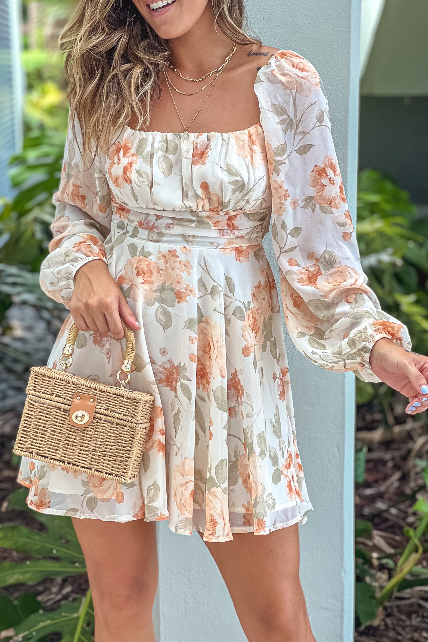 Cream And Coral Floral Short Dress With Tie Back