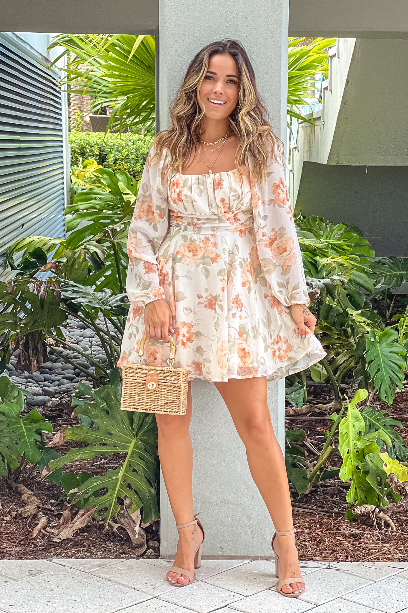 Cream And Coral Floral Short Dress With Tie Back