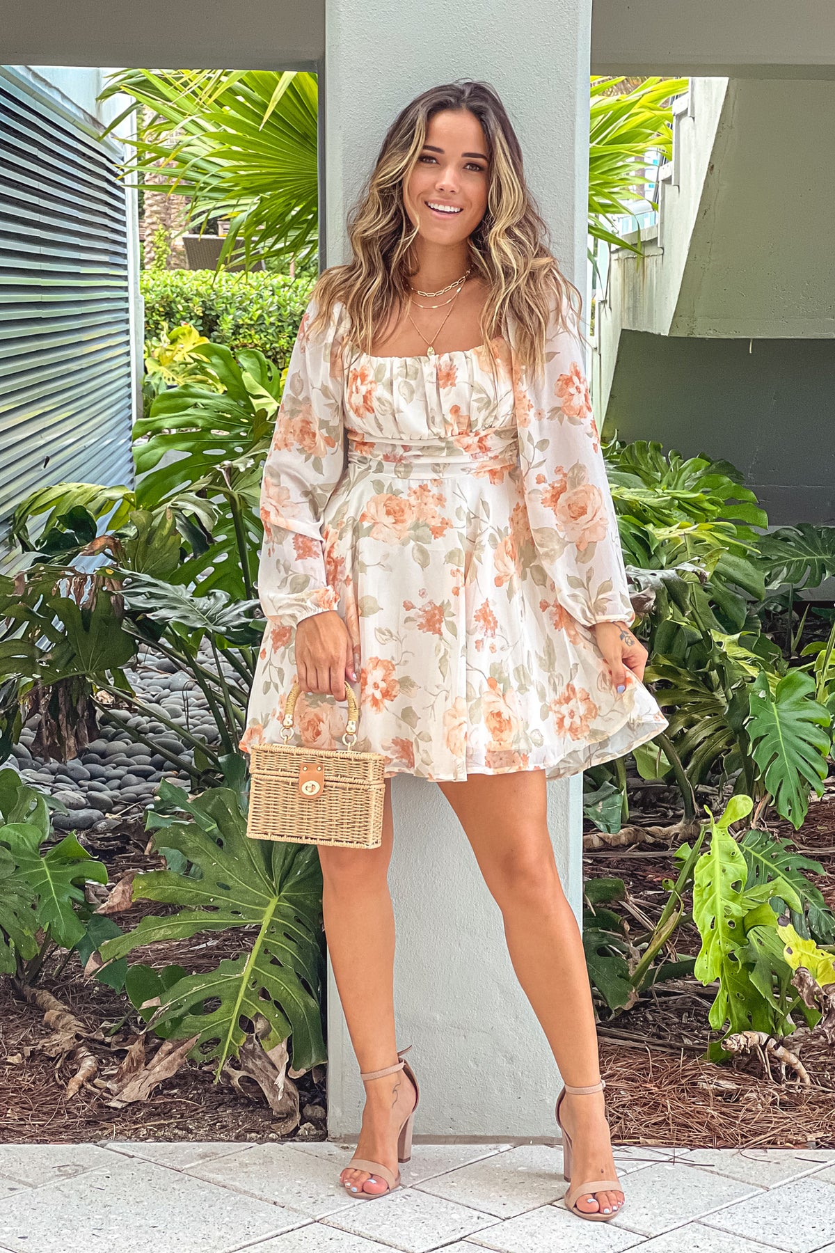 Cream And Coral Floral Short Dress With Tie Back