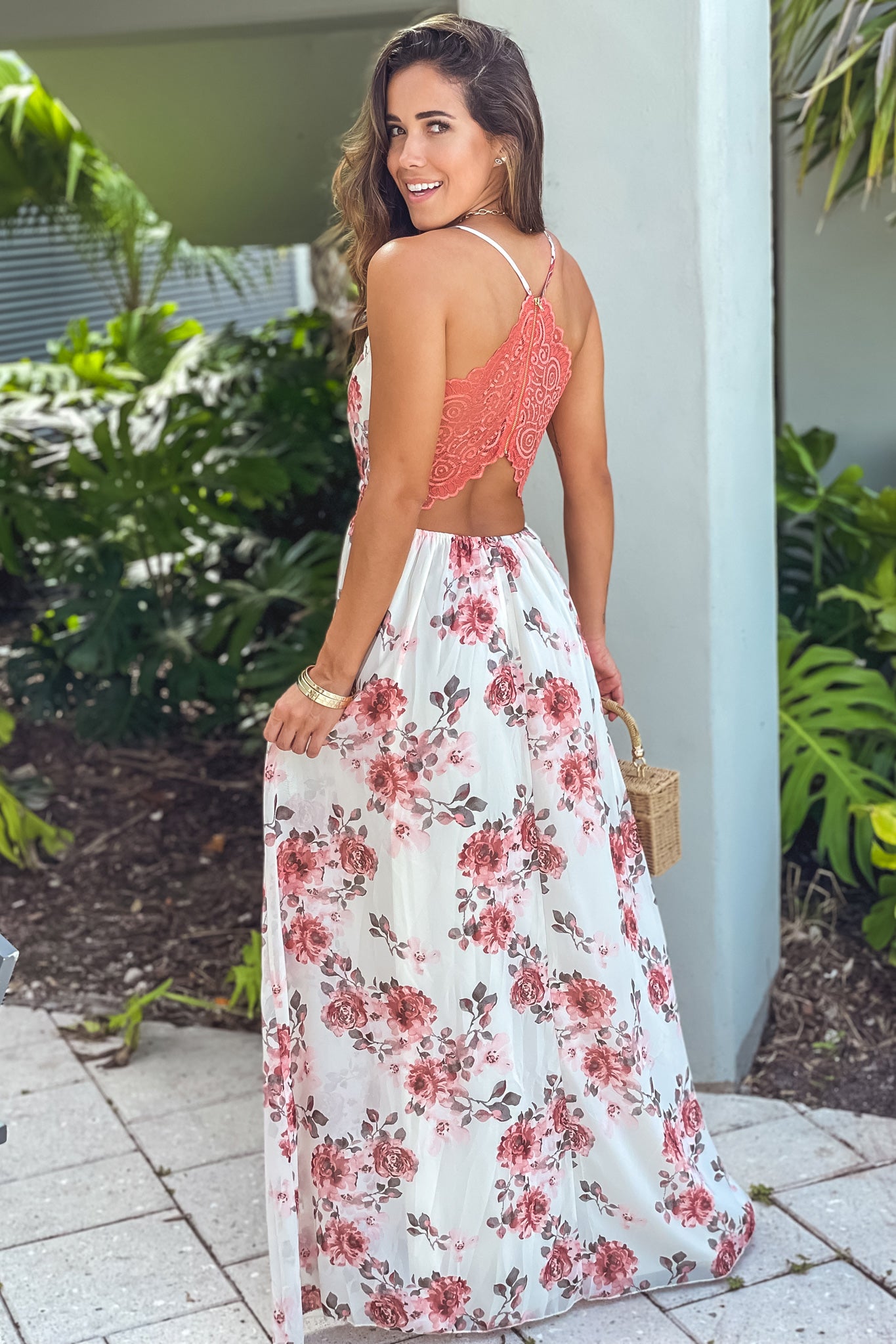 cream and peach floral maxi dress with lace back