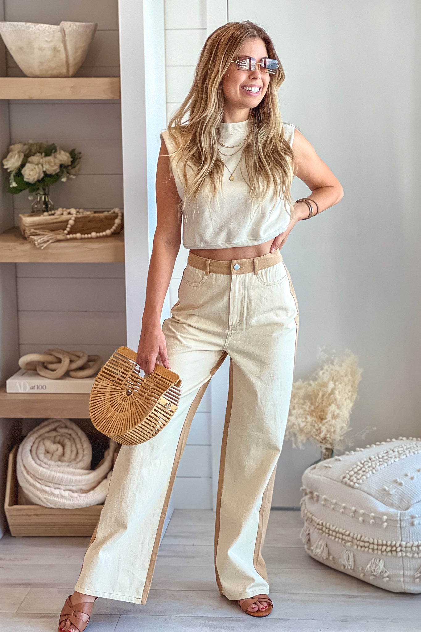 cream and taupe color block pants