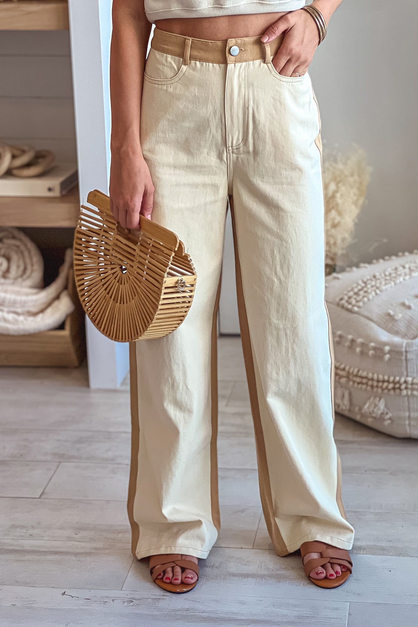 cream and taupe color block straight pants