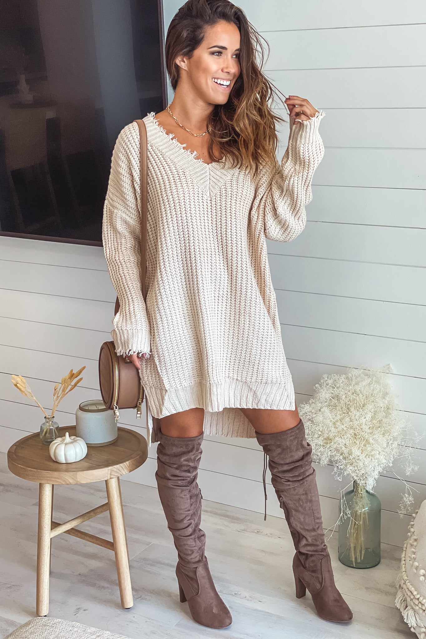 Cream Frayed V-Neck Sweater Dress | Cute Sweaters Saved by the Dress Cream Frayed V-Neck Sweater Dress | Cute Sweaters Saved by the Dress