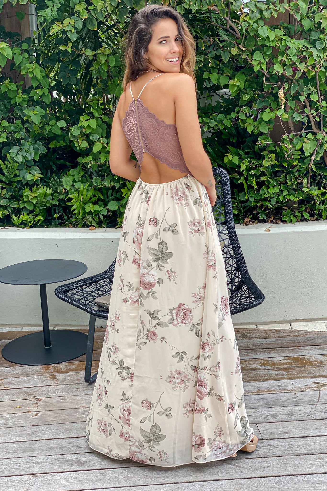 cream floral maxi dress with lace back