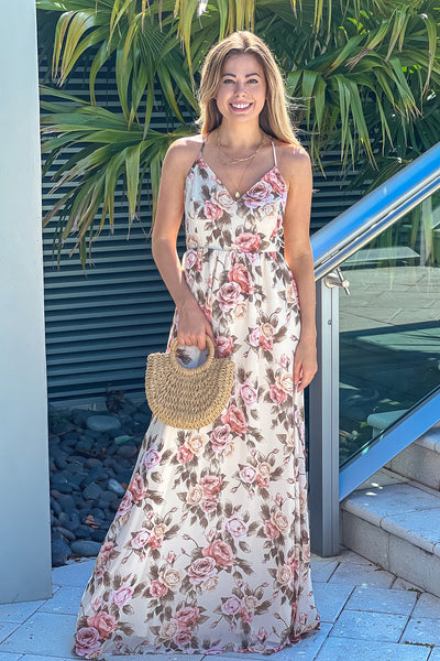 cream floral maxi dress with lace up back