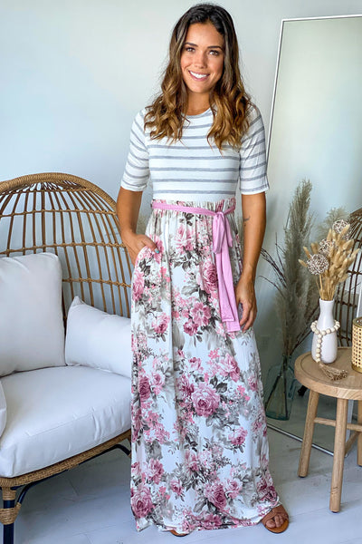 cream floral maxi dress with striped top