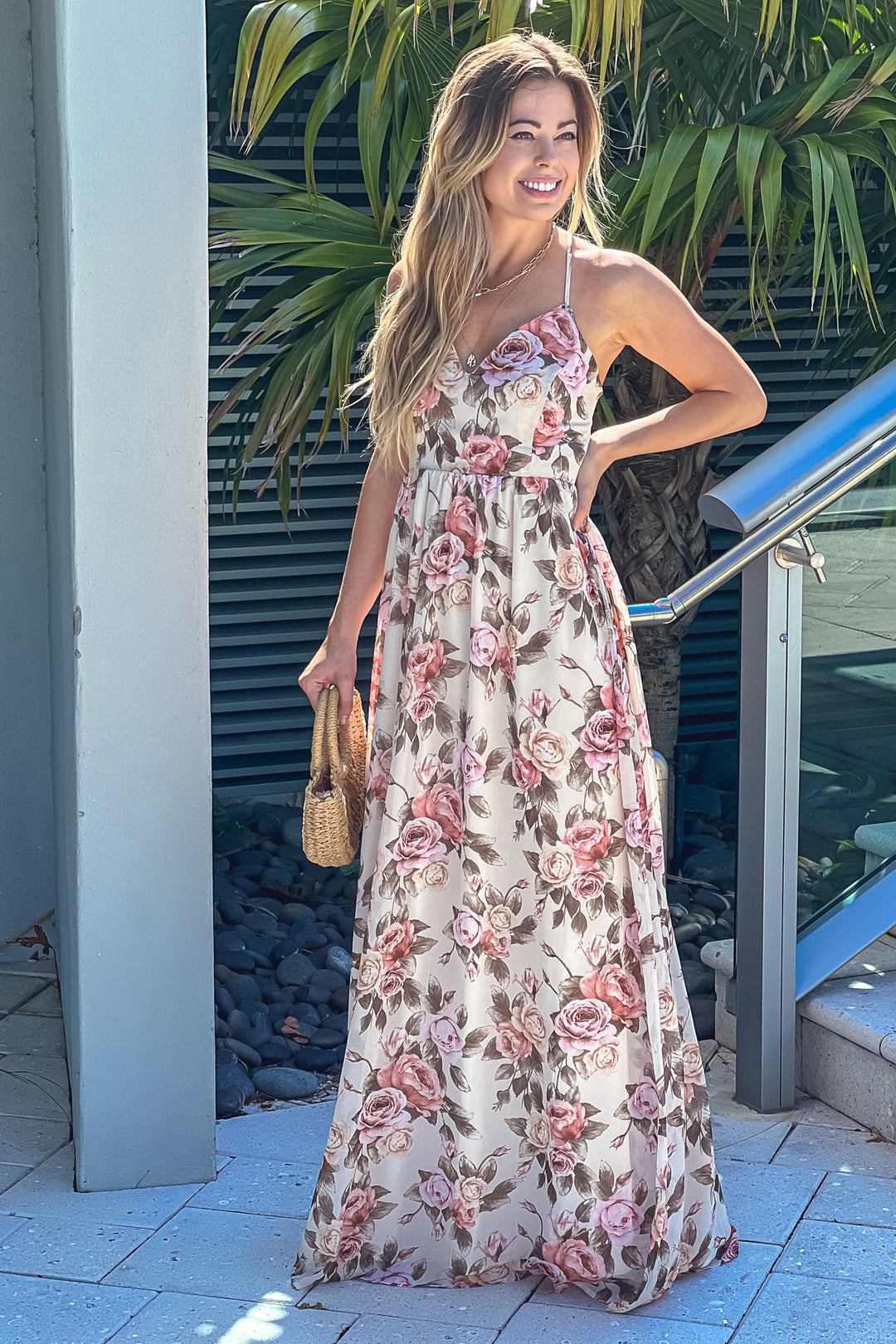 Cream Floral Maxi Dress With Lace Up Back