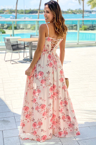 cream floral smocked top maxi dress