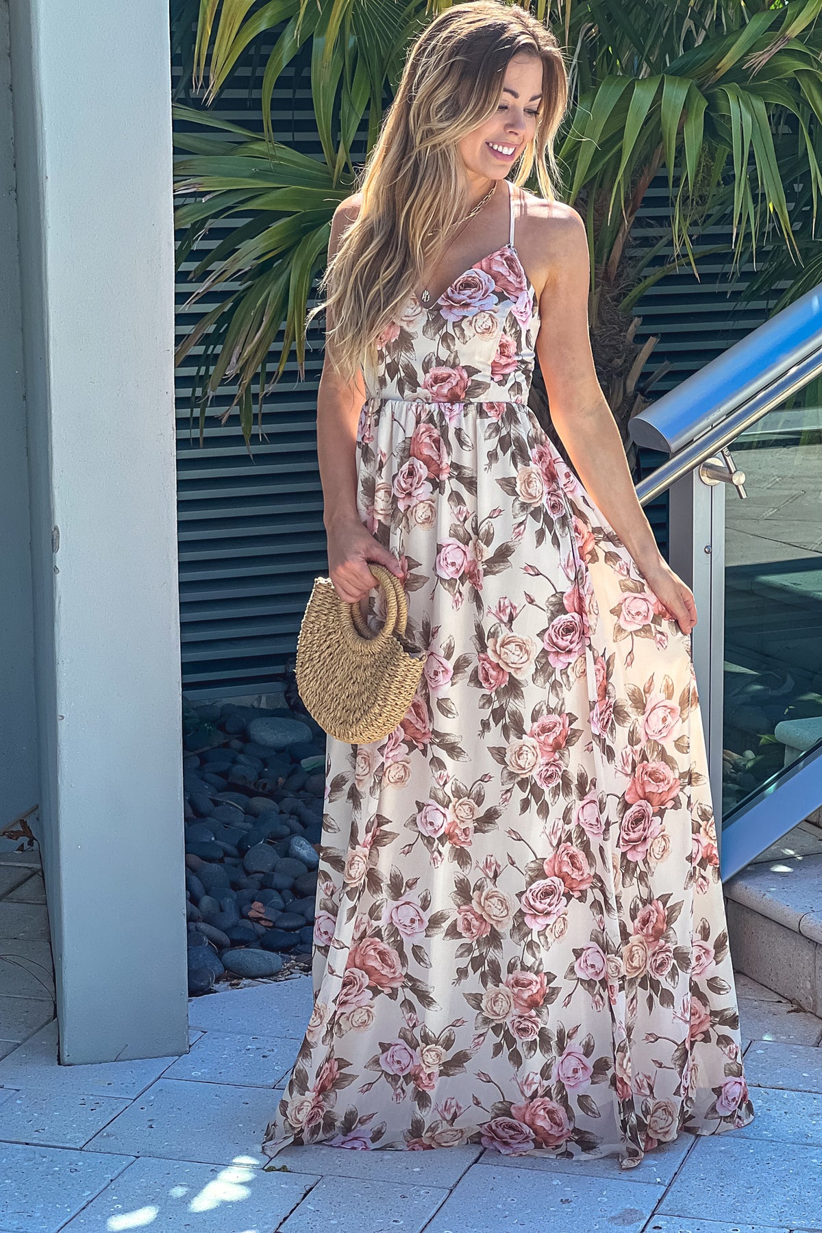 Cream Floral Maxi Dress With Lace Up Back