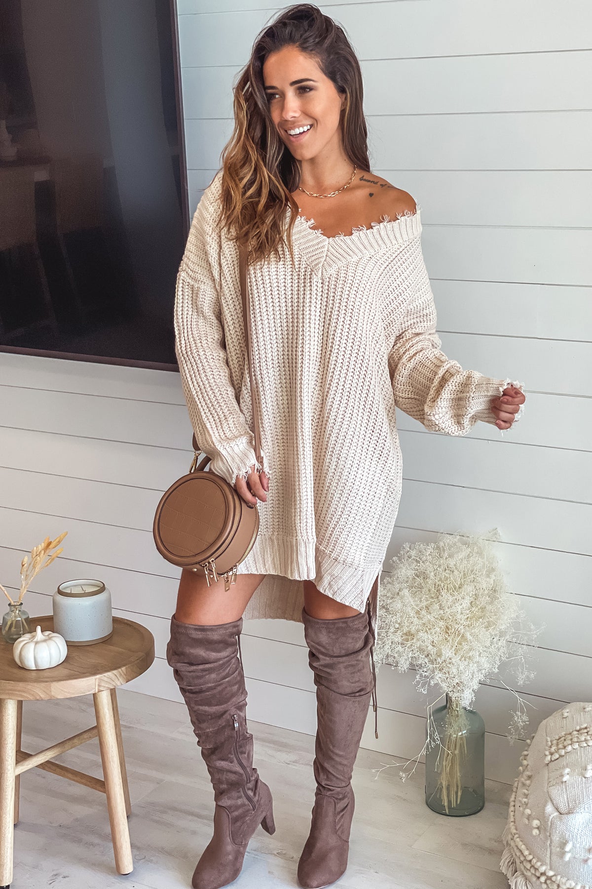 Cream Frayed V-Neck Sweater Dress | Cute Sweaters Saved by the Dress Cream Frayed V-Neck Sweater Dress | Cute Sweaters Saved by the Dress