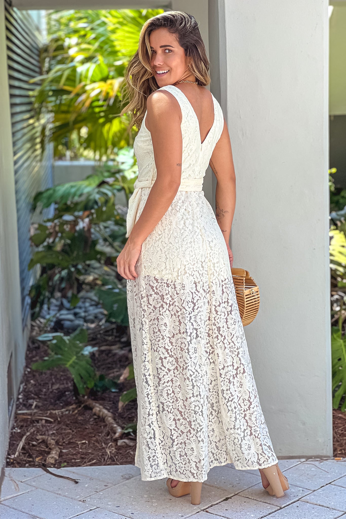 Cream Lace Maxi Romper With Belt | Maxi Rompers Saved by the Dress Cream Lace Maxi Romper With Belt | Maxi Rompers Saved by the Dress