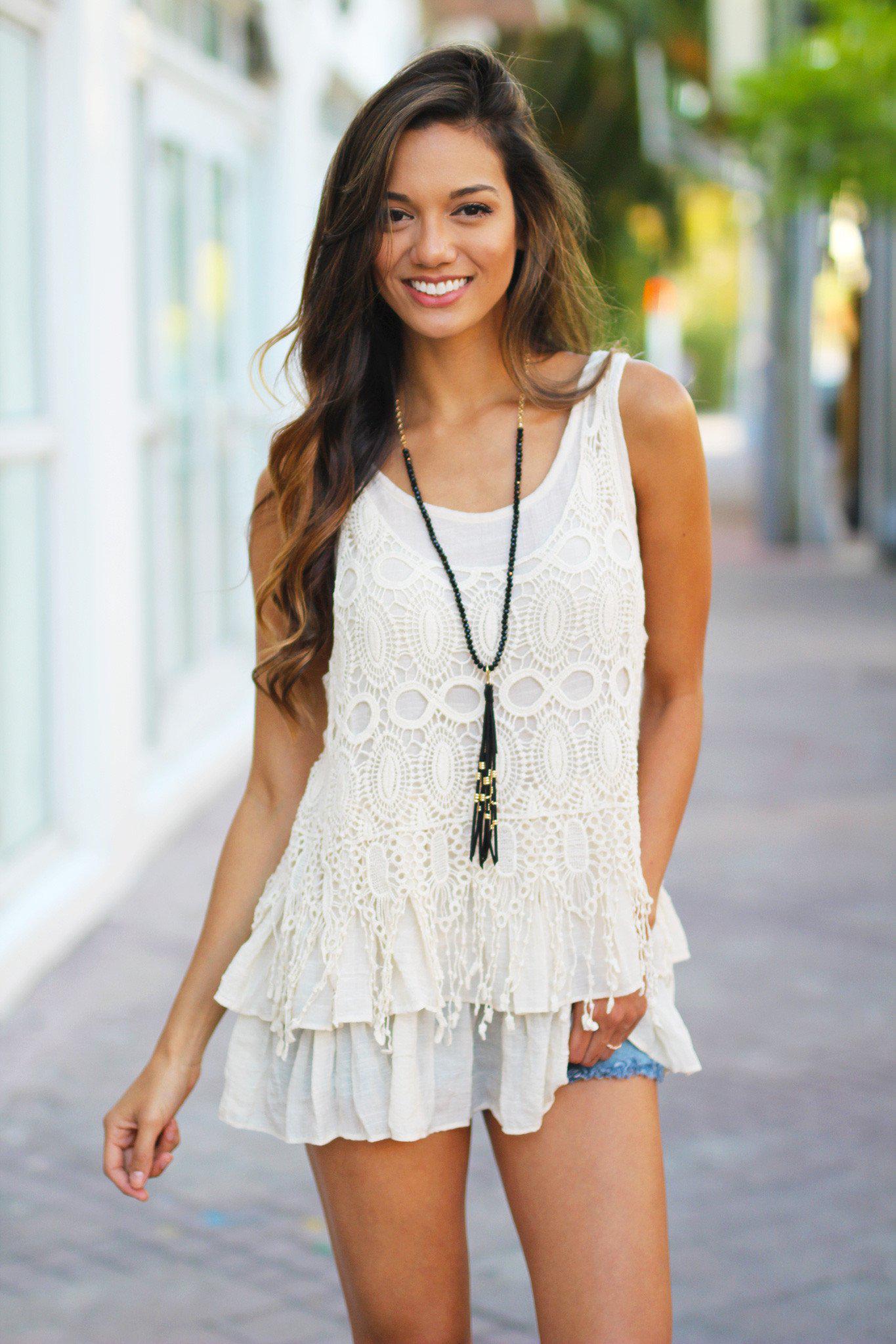 Natural Crochet Ruffled Top