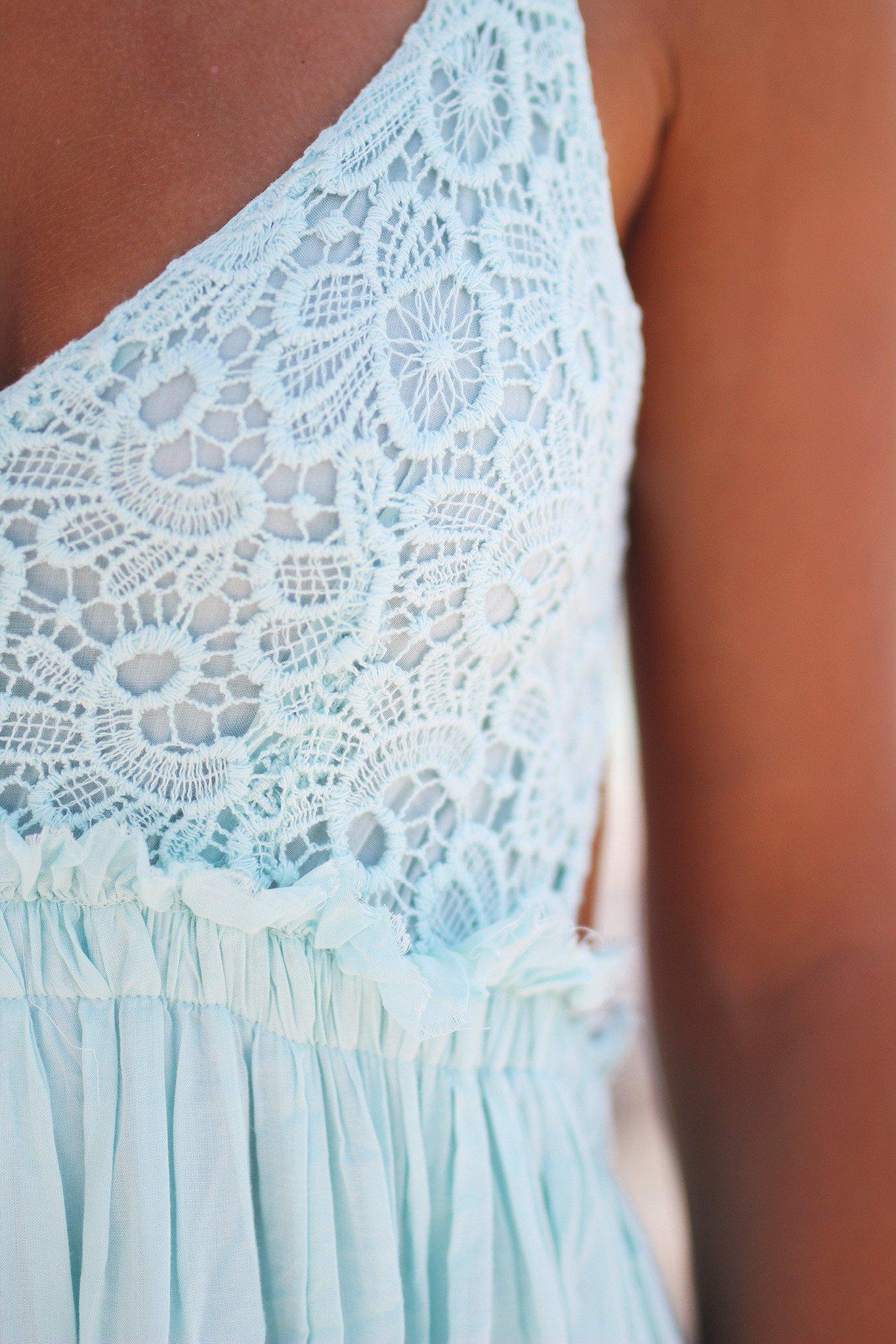 Mint Lace Maxi Dress with Open Back and Frayed Hem | Mint Bridesmaid ...
