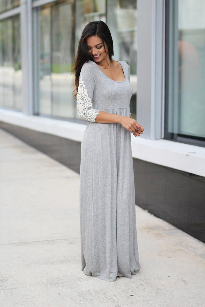 Heather Gray Maxi Dress with Crochet Sleeves – Saved by the Dress