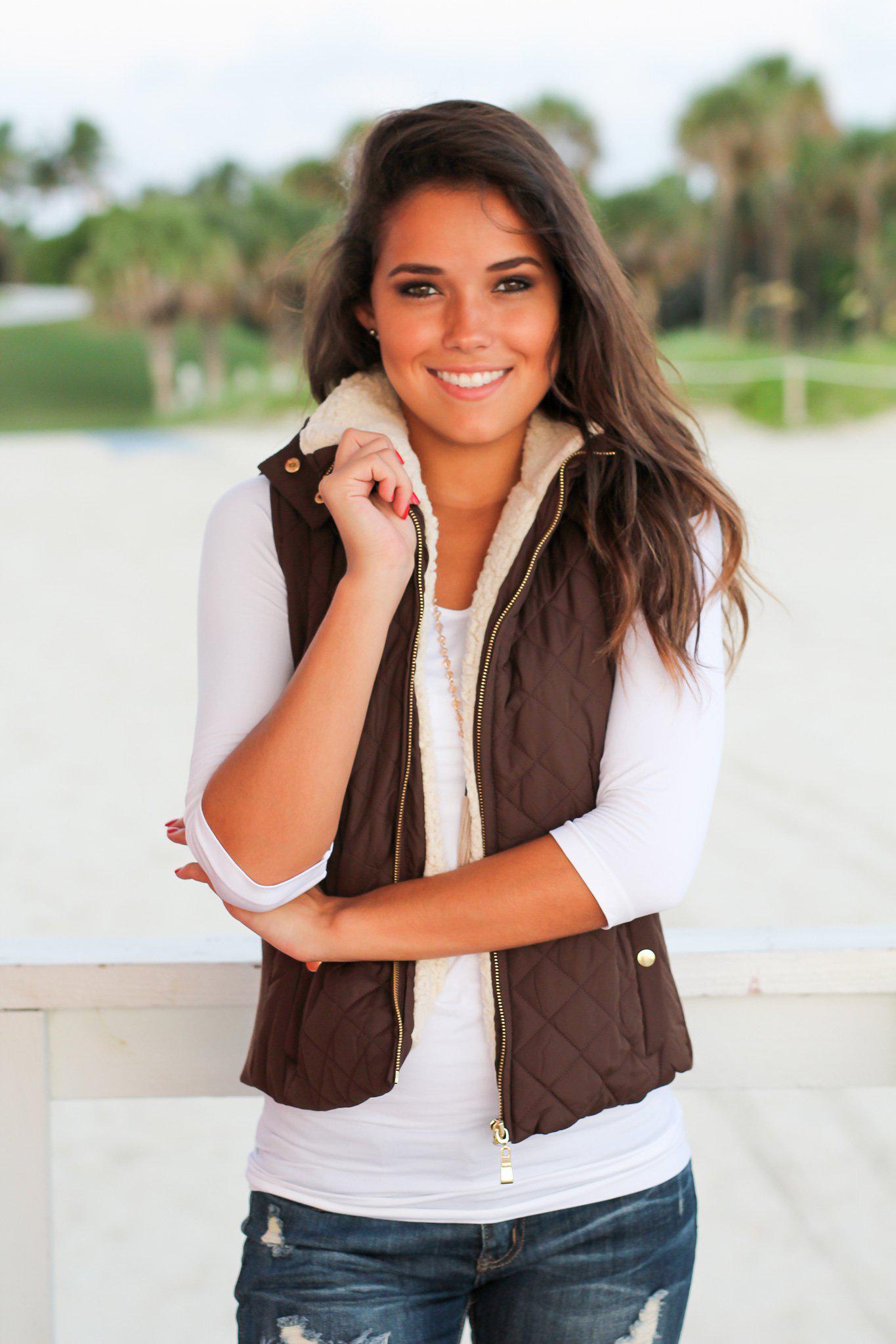 Brown Quilted Vest with Fur Collar