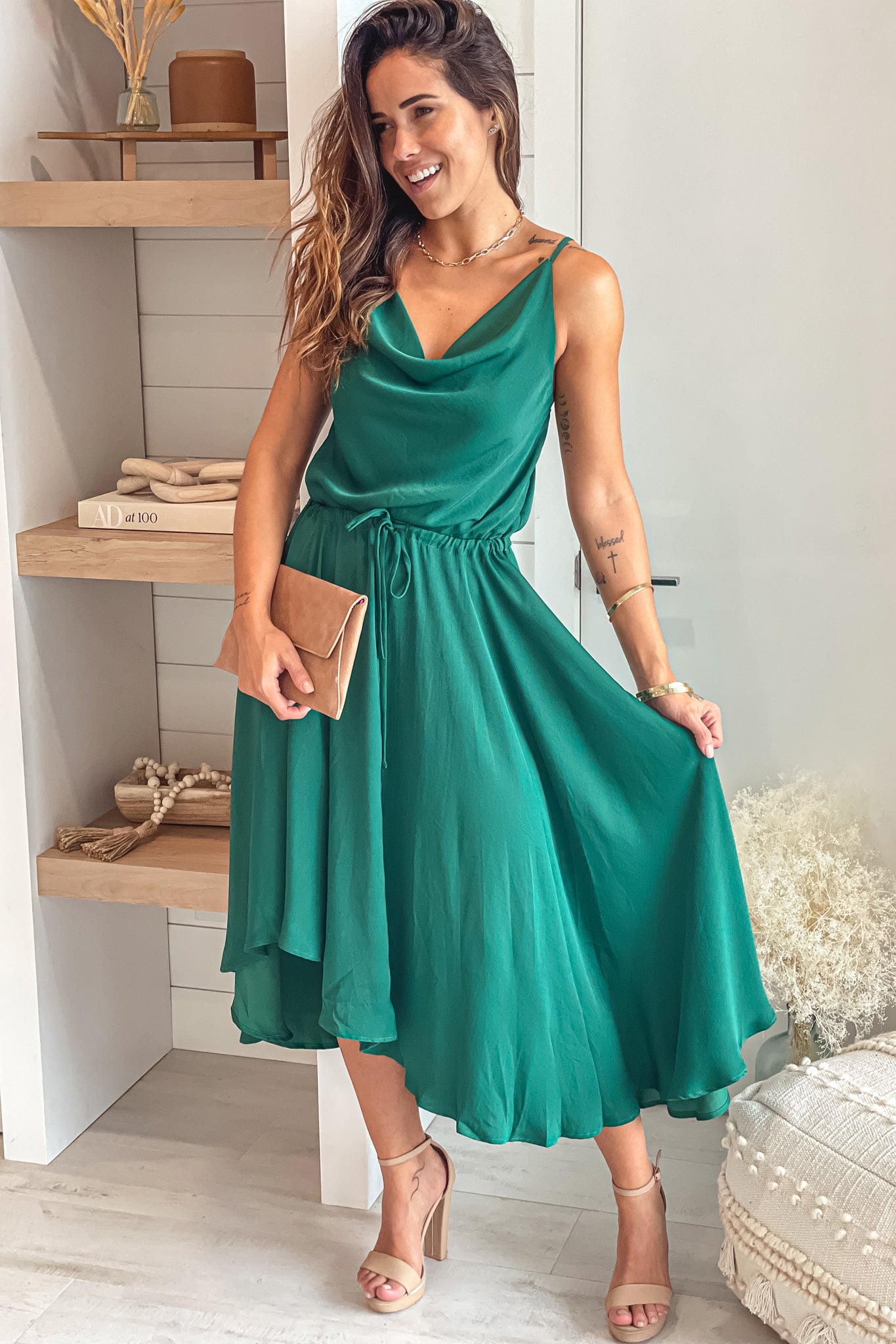 Dark Green Satin Midi Dress With Cowl Neck | Midi Dresses Saved by the Dress Dark Green Satin Midi Dress With Cowl Neck | Midi Dresses Saved by the Dress