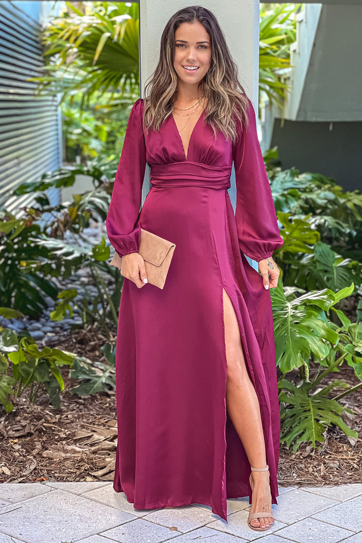 denali formal puff sleeve long dress Dark Wine Puff Sleeve Maxi Dress With Slit