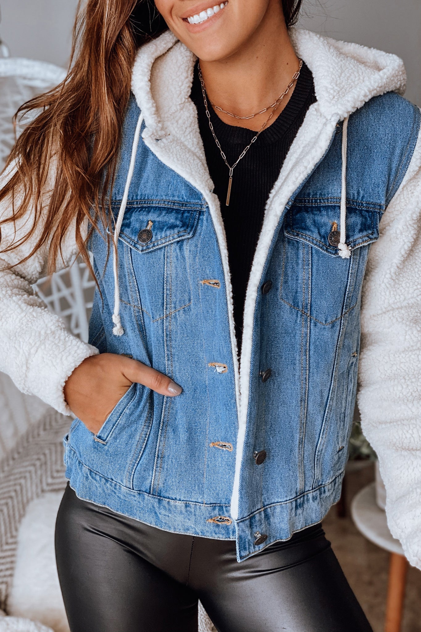 denim and sherpa jacket with hood