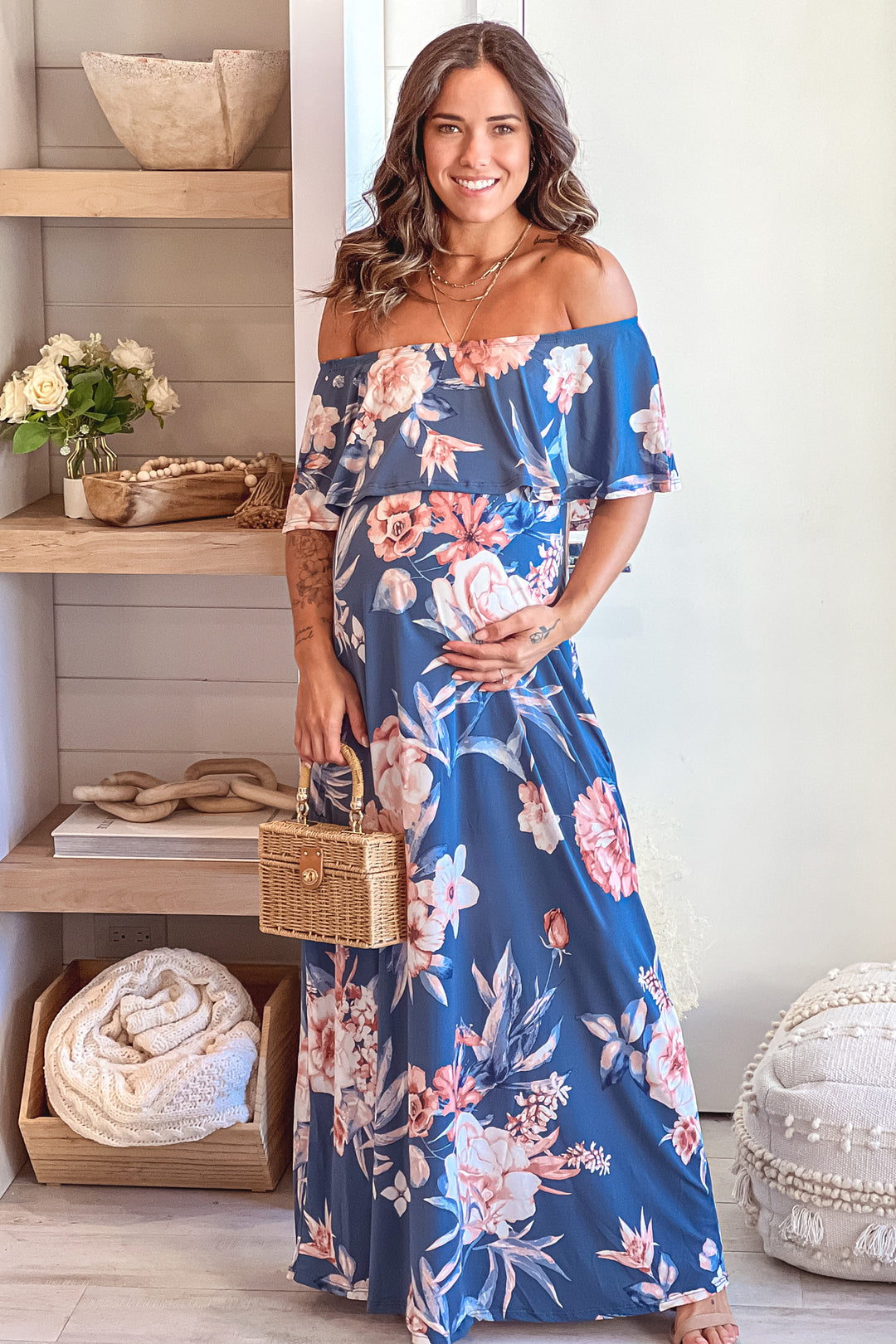 fitted lace wedding dress Denim Blue Floral Off Shoulder Maternity Maxi Dress