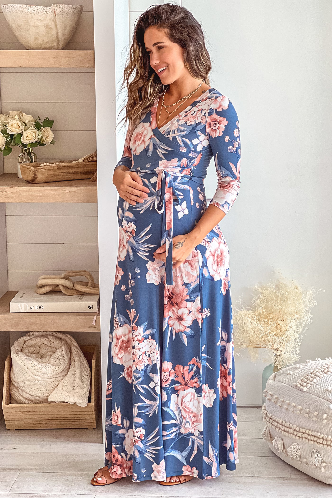 Denim Floral Maternity Maxi Dress with Tie Front | Saved By The Dress Saved by the Dress Denim Floral Maternity Maxi Dress with Tie Front | Saved By The Dress Saved by the Dress