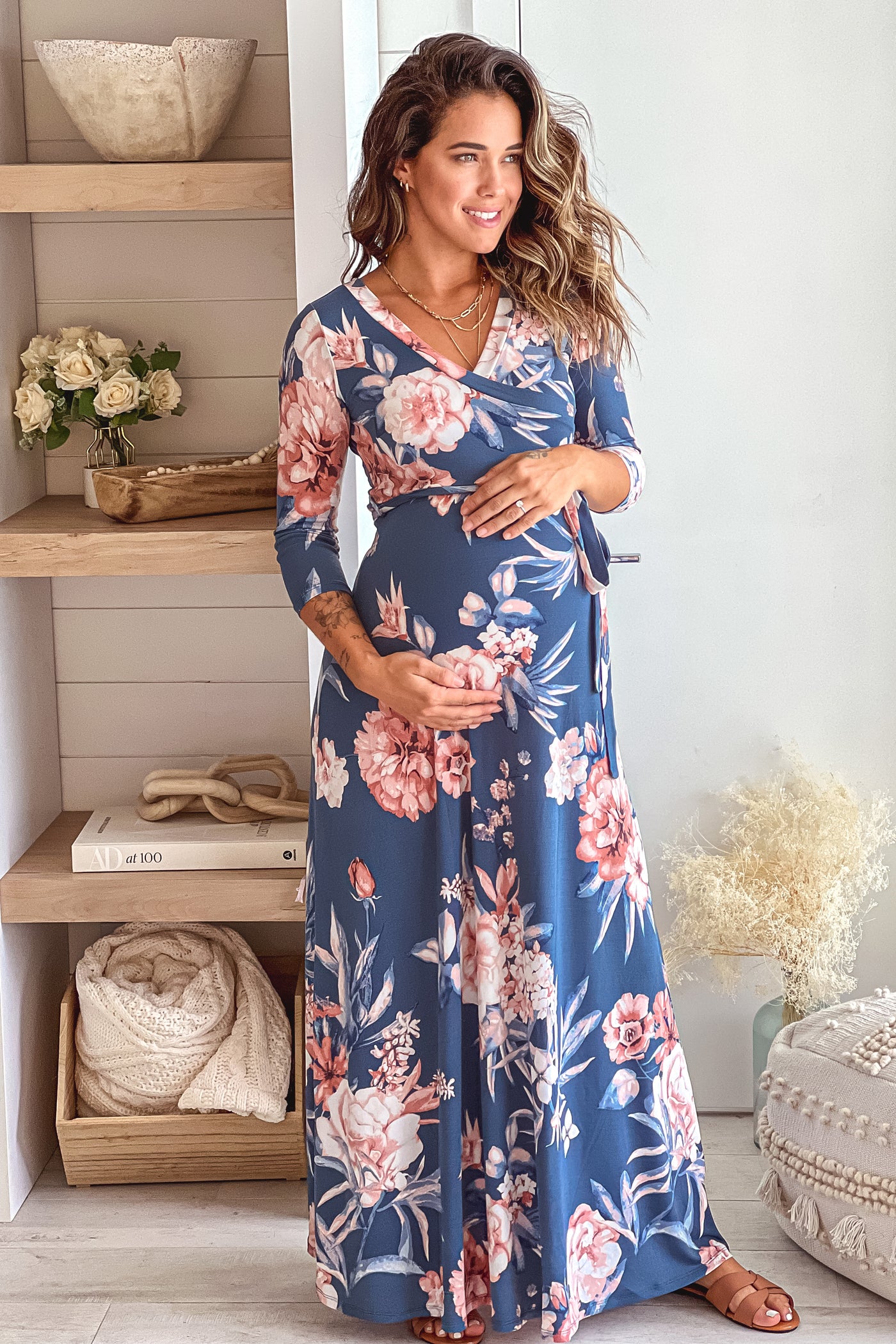 denim floral long maternity dress
