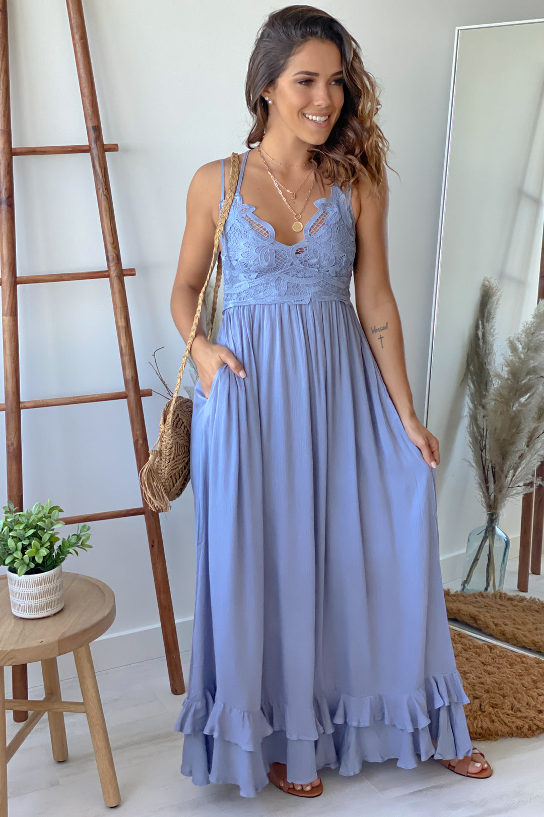 dusty blue maxi dress casual Dusty Blue Lace Maxi Dress with Cut Out