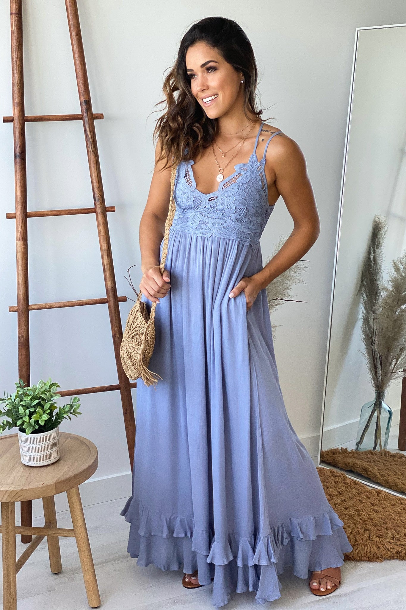 dusty blue lace top maxi dress