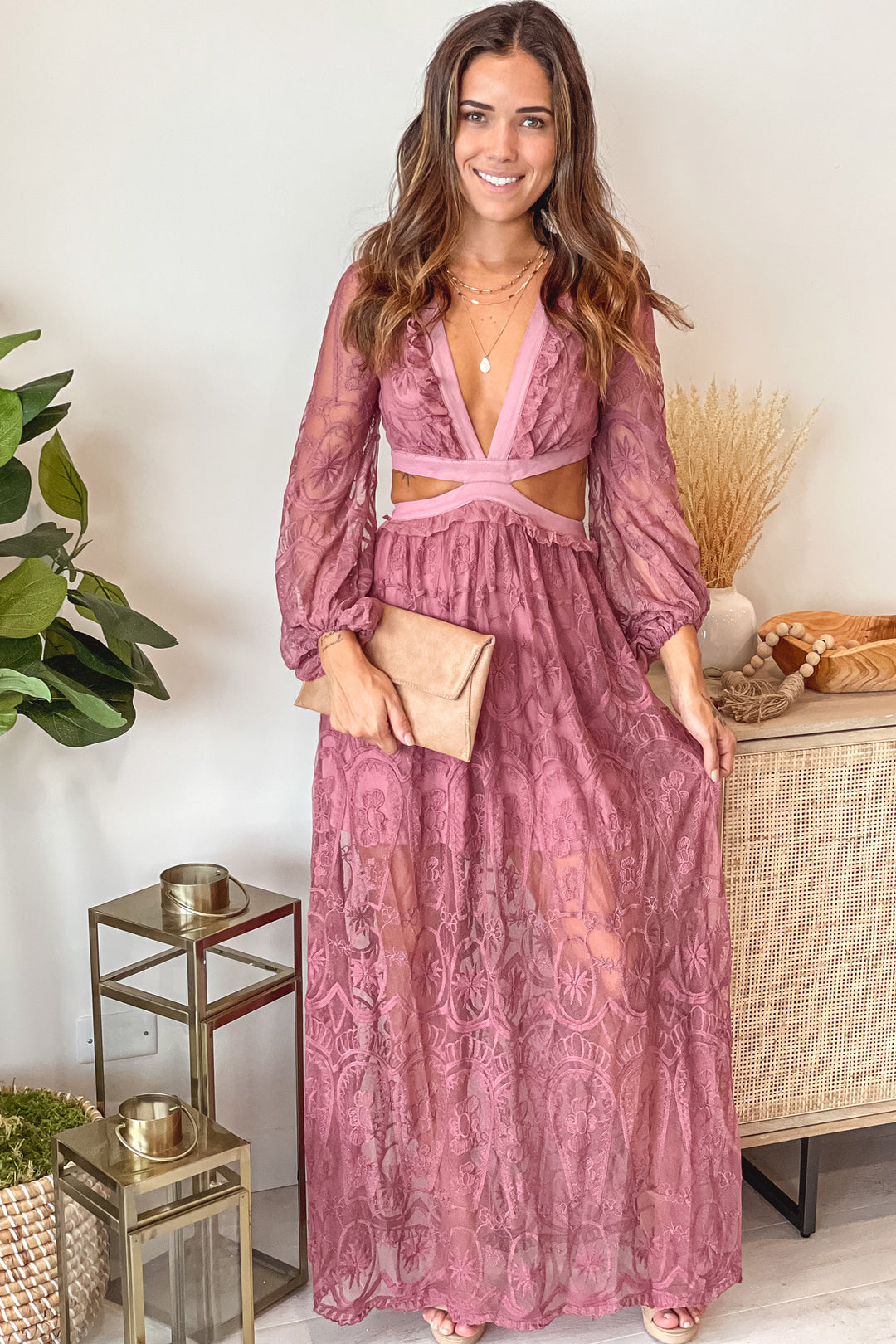 Dusty Mauve Lace Maxi Dress With Cut Out And Long Sleeves