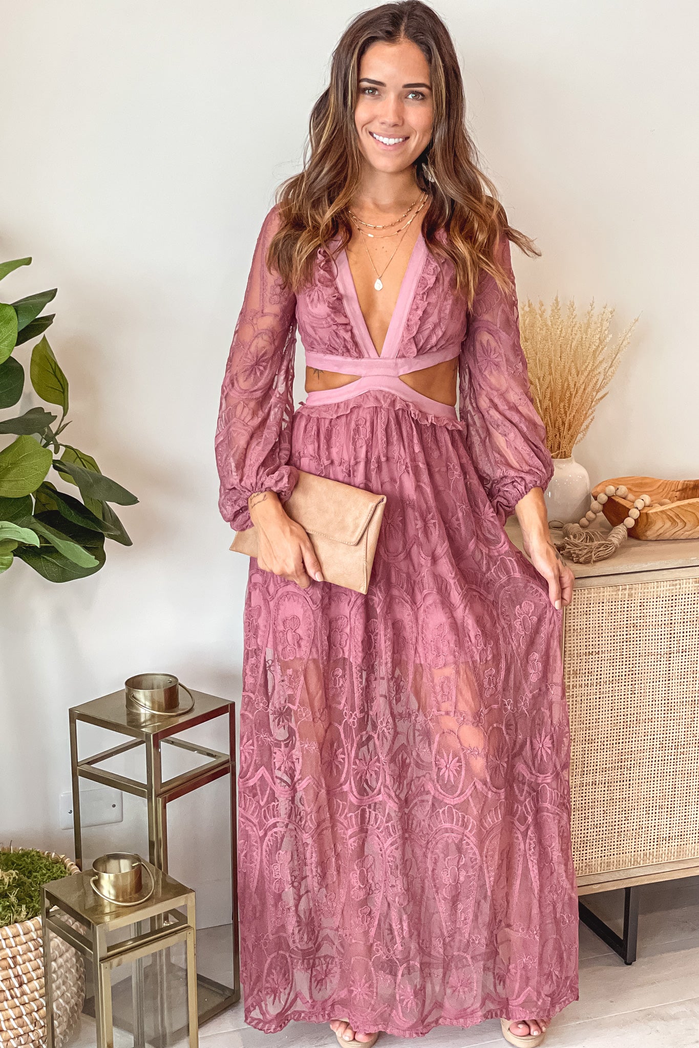 dusty mauve lace maxi dress with cut out and long sleeves