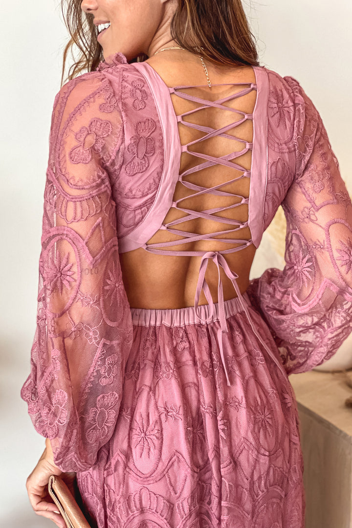 Dusty Mauve Lace Maxi Dress With Cut Out And Long Sleeves | Maxi Dresses Saved by the Dress Dusty Mauve Lace Maxi Dress With Cut Out And Long Sleeves | Maxi Dresses Saved by the Dress