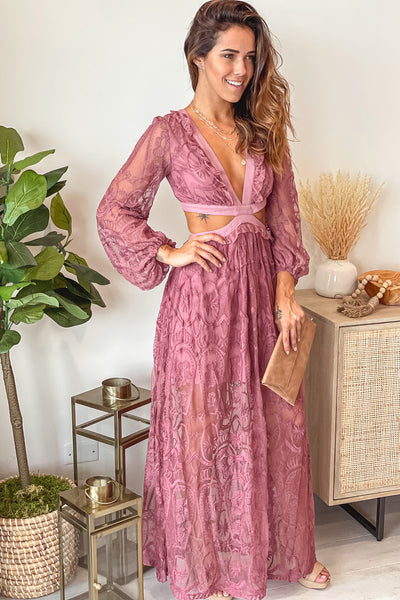 dusty mauve lace maxi dress with long sleeves