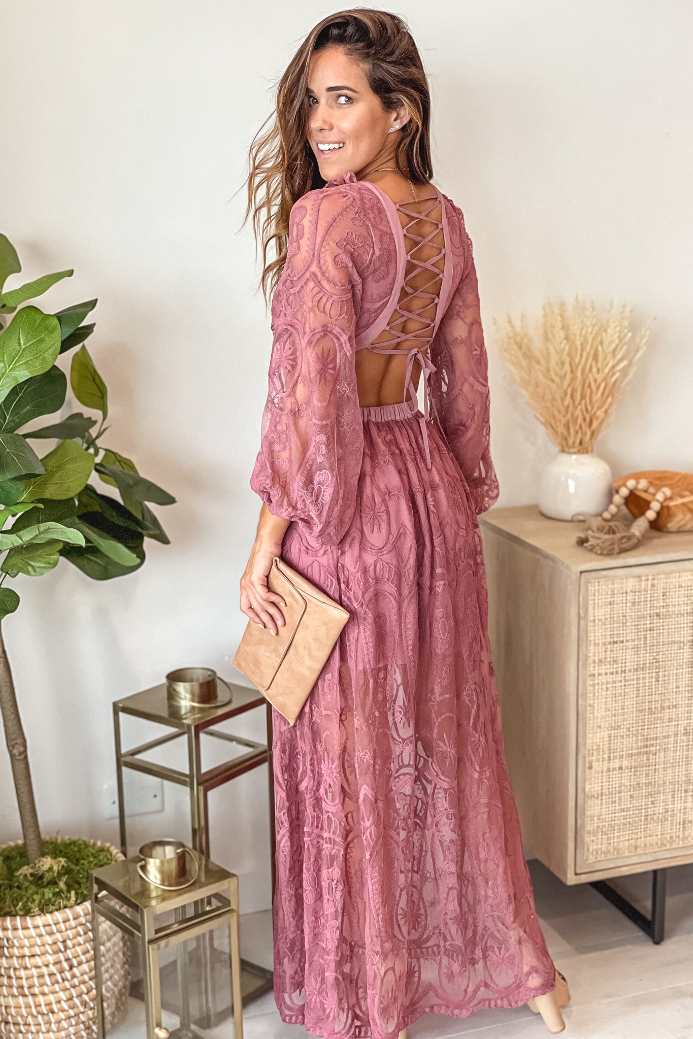 Dusty Mauve Lace Maxi Dress With Cut Out And Long Sleeves