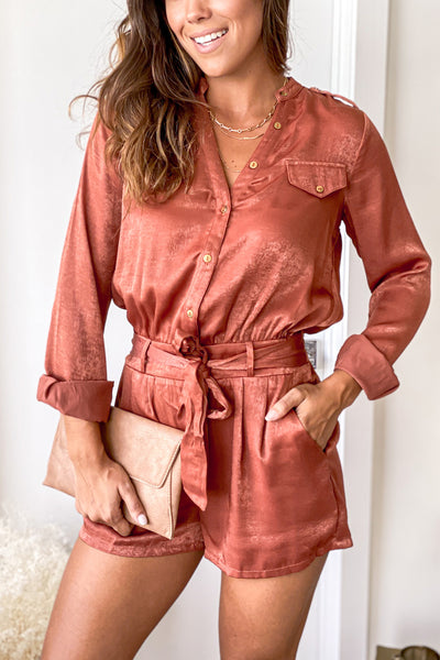 dusty mauve woven romper with long sleeves
