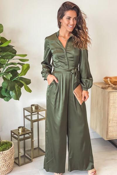 dusty olive jumpsuit with long sleeves