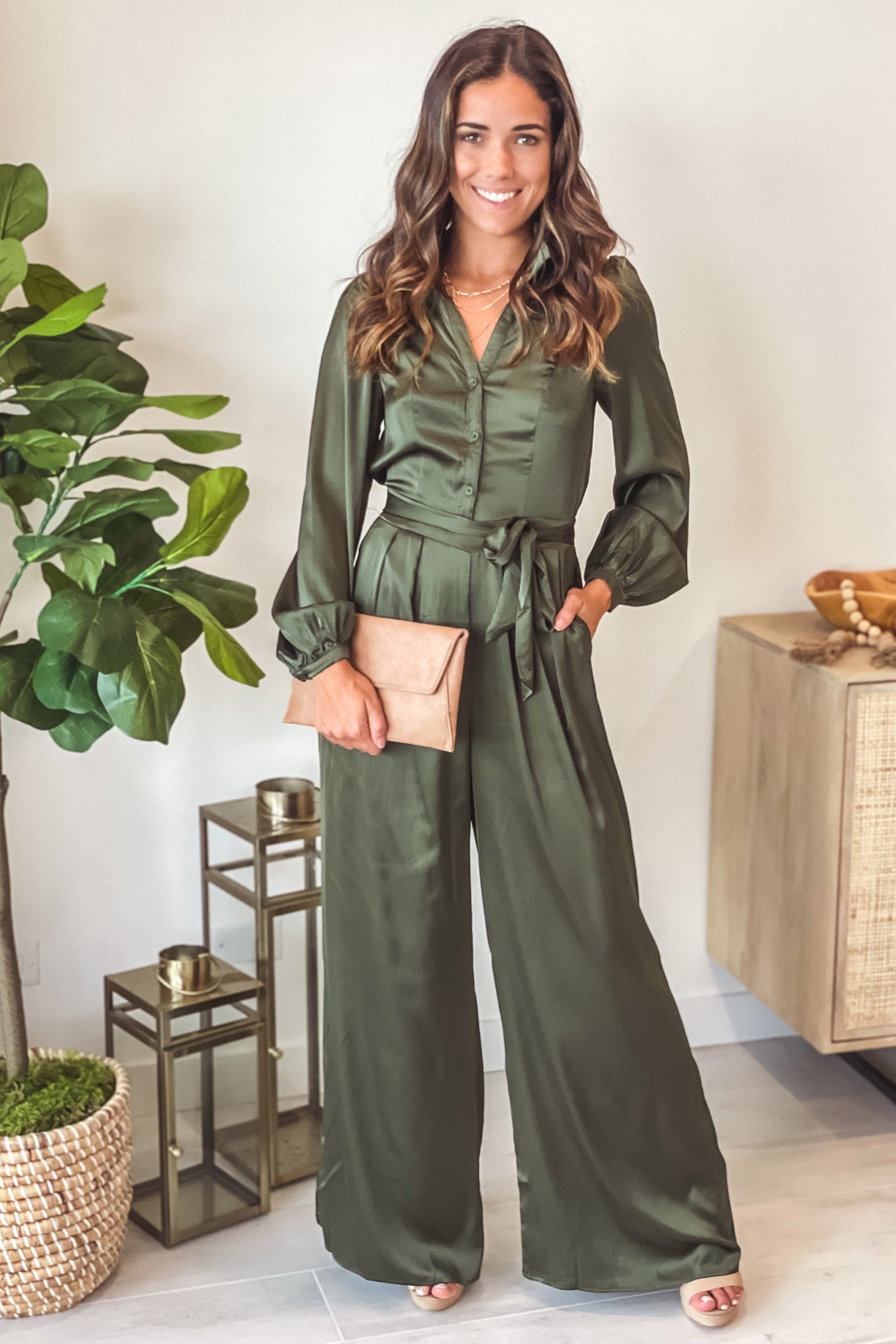dusty olive stain jumpsuit with long sleeves
