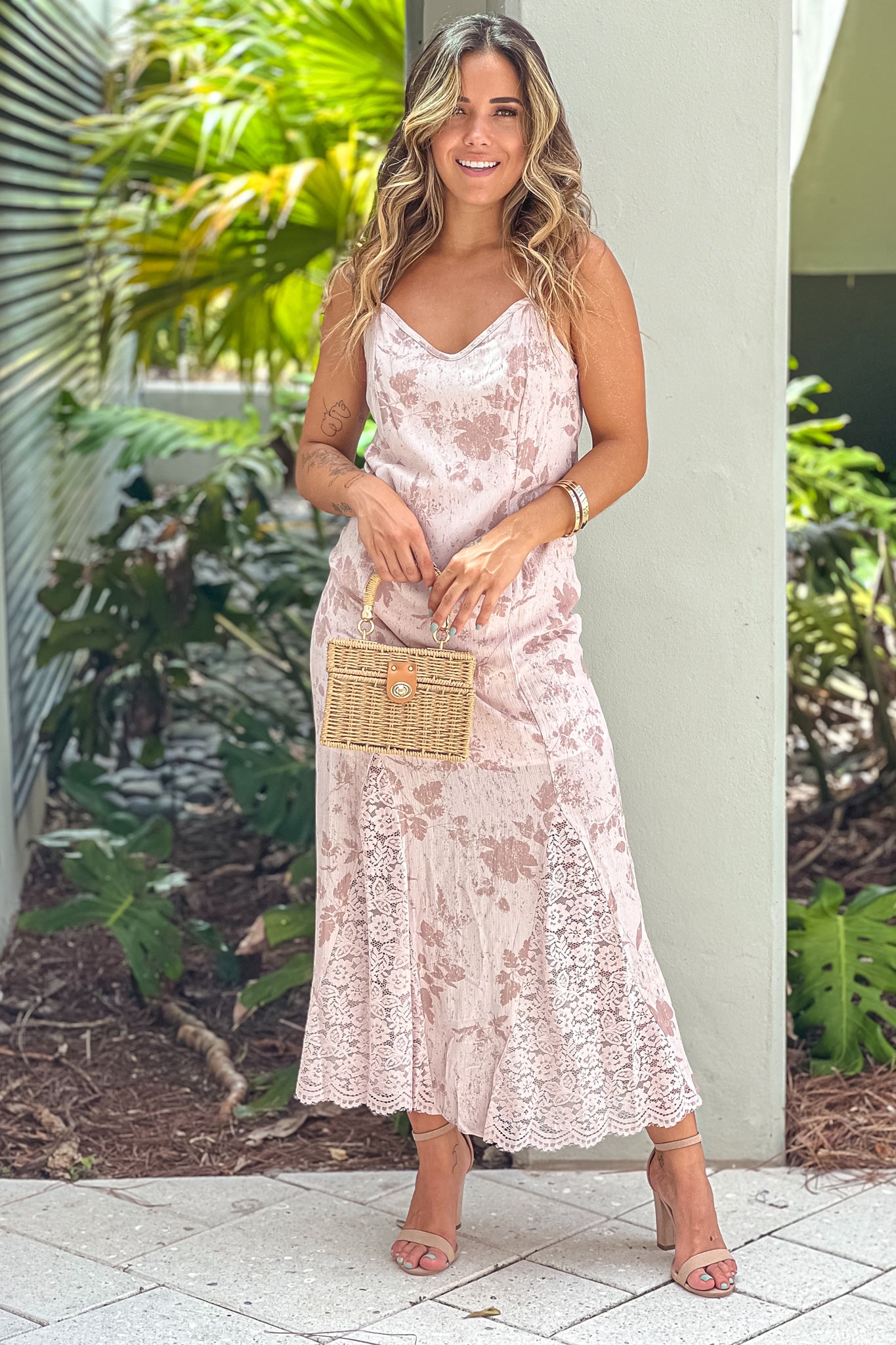 dusty pink floral dress with lace detail