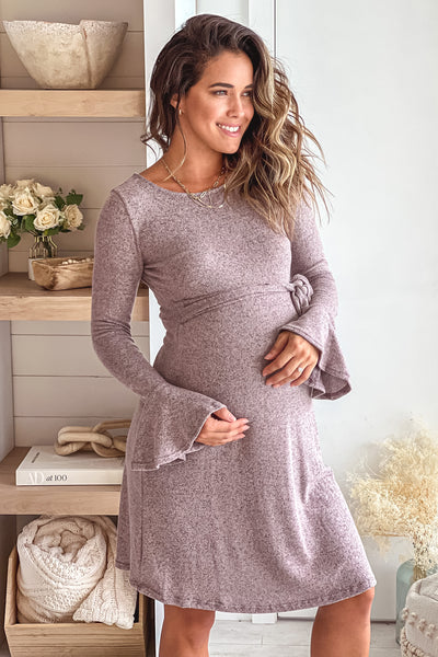 dusty pink maternity midi dress with bell sleeves