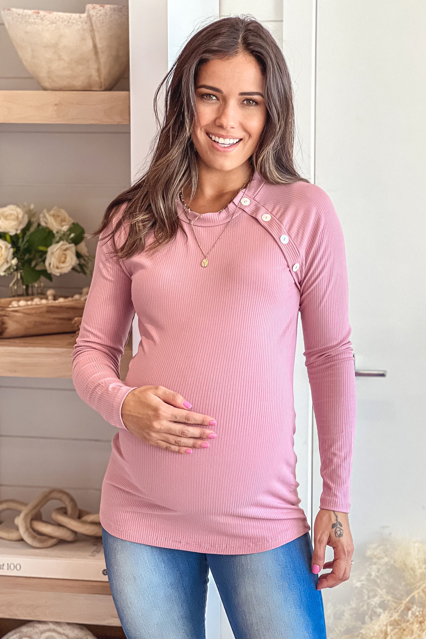 dusty pink maternity top with faux button detail