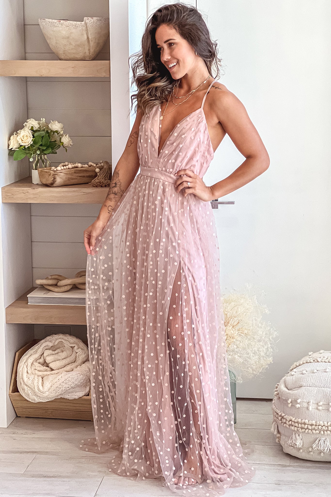 dusty pink polka dot dress Pink Polka Dot Flared Sleeve Madeira Midi Dress
