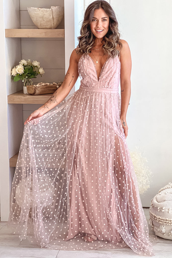 pink polka dot bridesmaid dresses Women's Pink Satin Plunge Extreme Frill Hem Maxi Dress