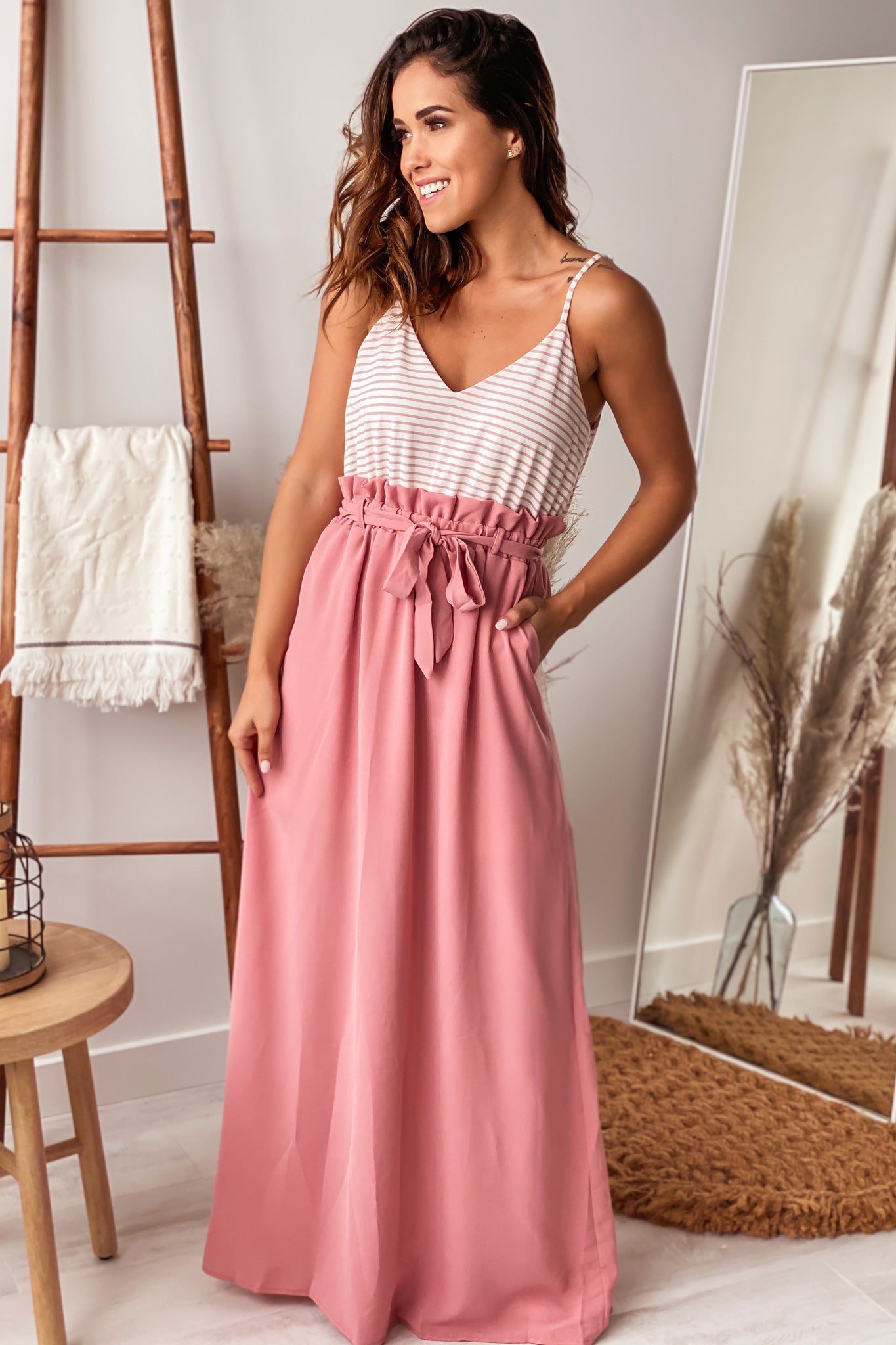 Dusty Pink Striped Maxi Dress with Paper Bag Waistline | Maxi Dresses Saved by the Dress Dusty Pink Striped Maxi Dress with Paper Bag Waistline | Maxi Dresses Saved by the Dress
