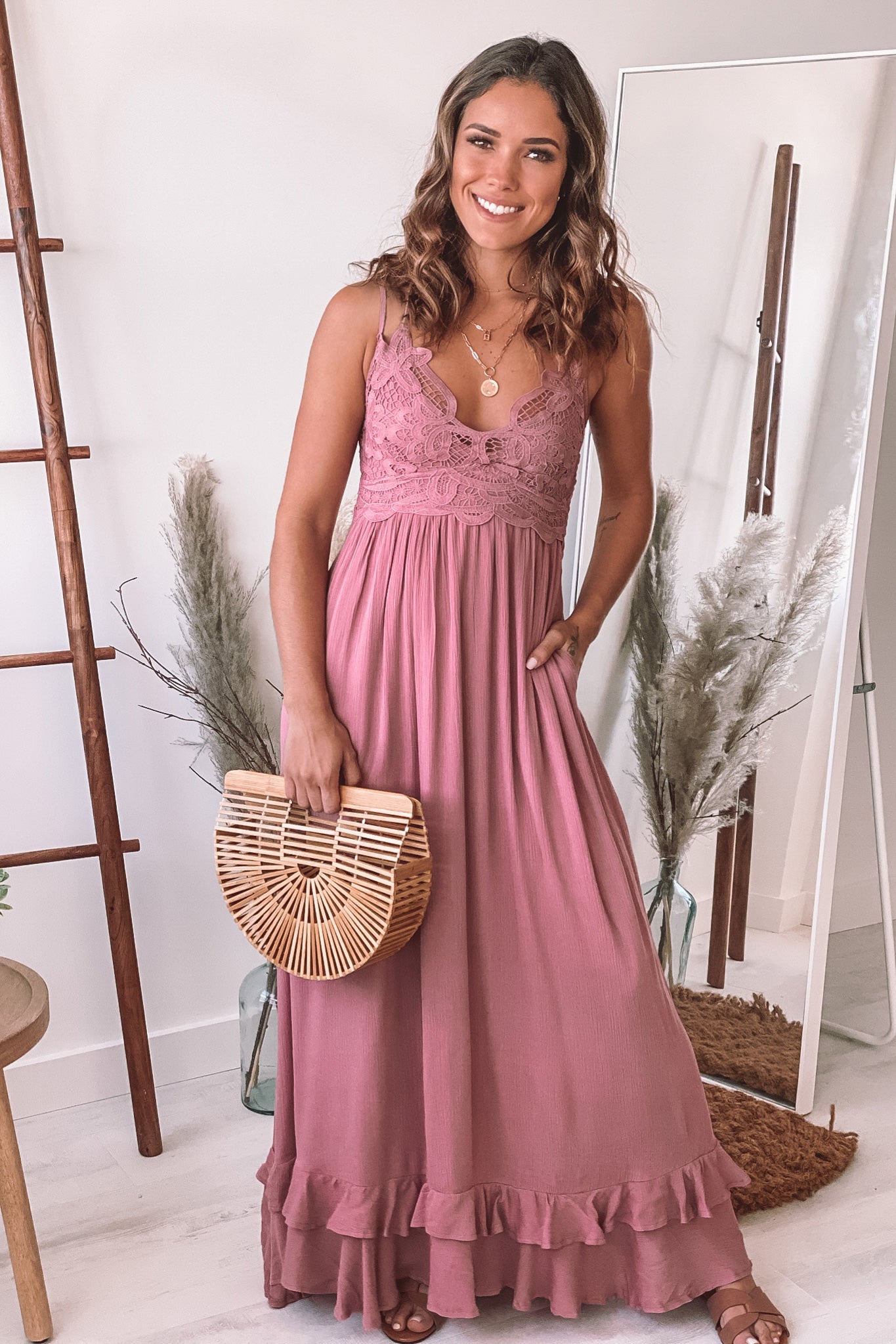dusty rose lace top maxi dress