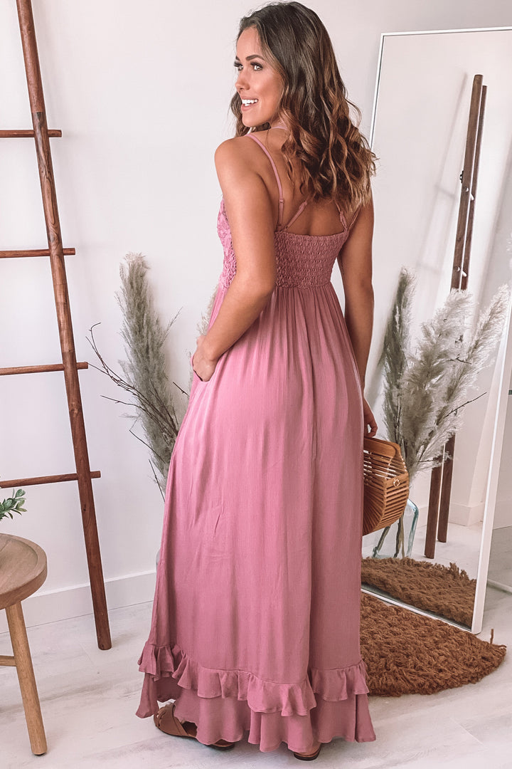 Dusty Rose Lace Top Maxi Dress