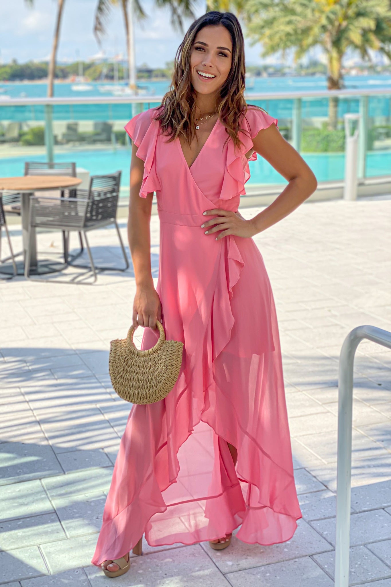 dusty rose wrap dress with ruffle detail