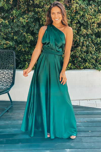emerald sating multi tie maxi dress