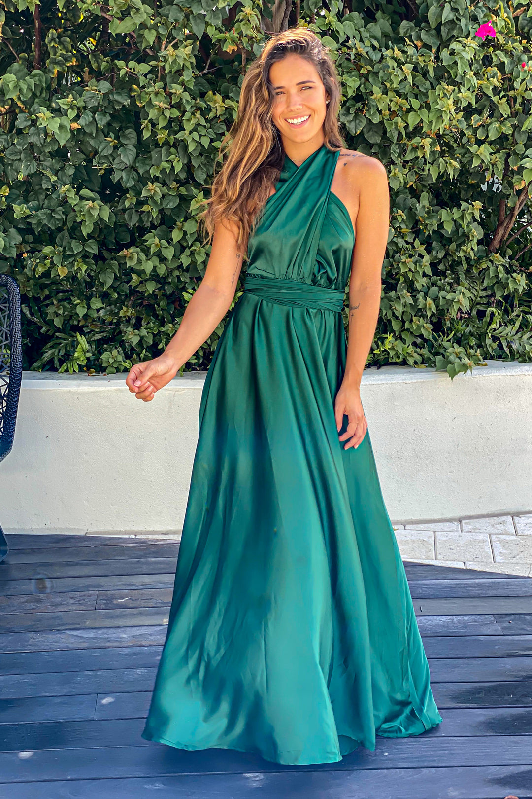 Emerald Satin Multi Tie Maxi Dress