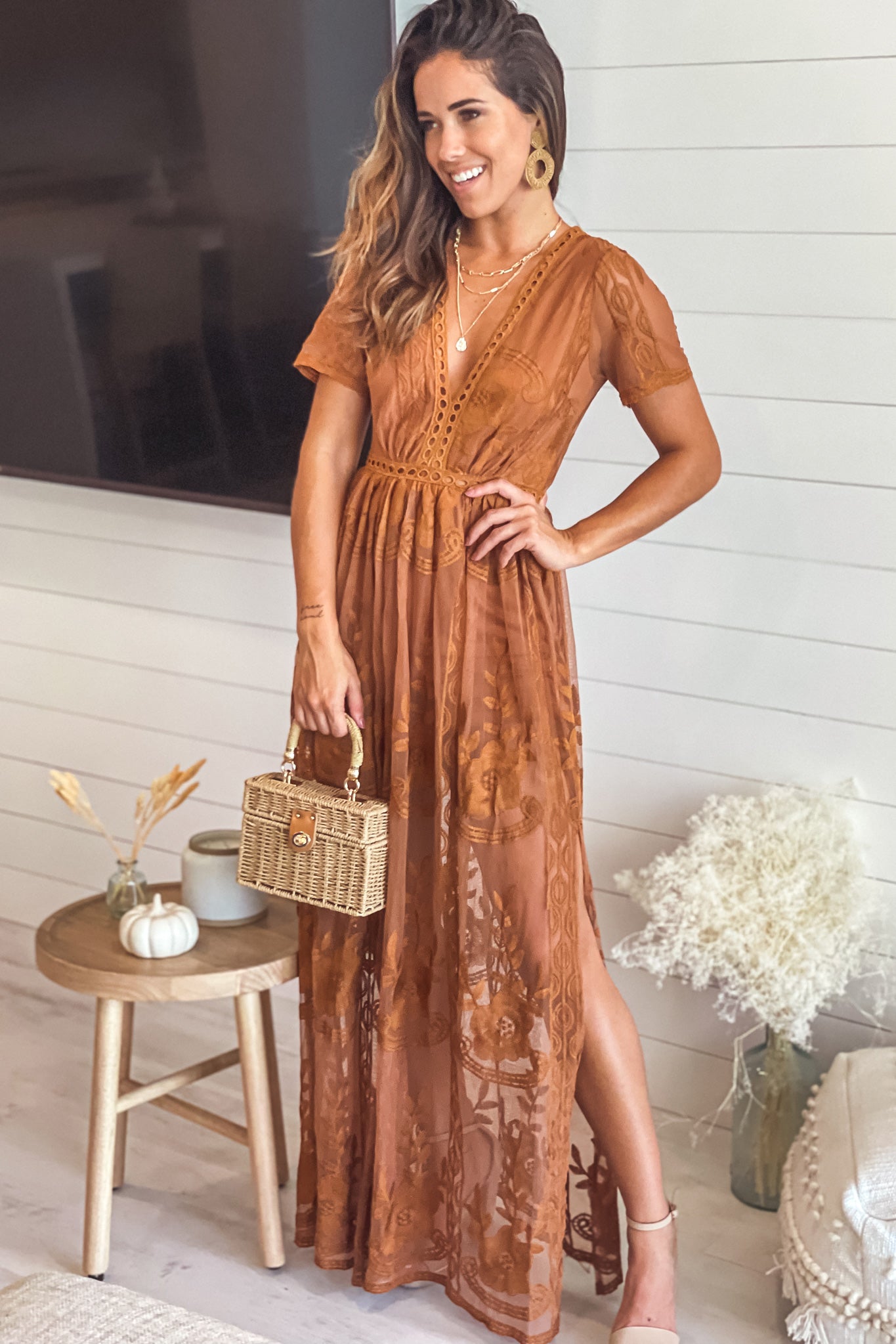 Espresso Lace Maxi Romper with Sleeves and Slits | Rompers Saved by the Dress Espresso Lace Maxi Romper with Sleeves and Slits | Rompers Saved by the Dress