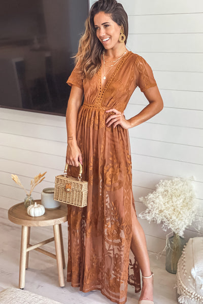 espresso lace maxi romper with sleeves
