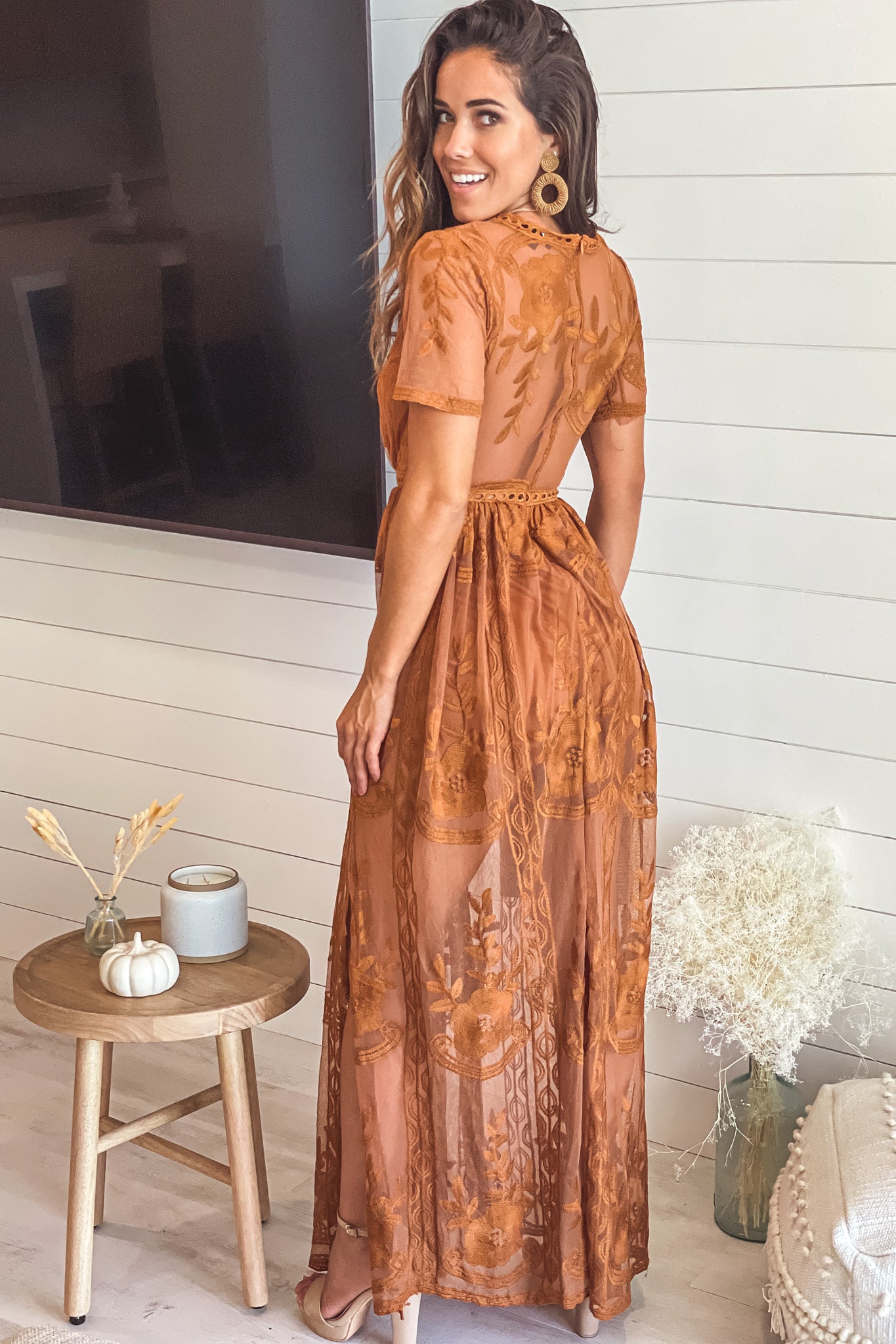 Espresso Lace Maxi Romper with Sleeves and Slits | Rompers Saved by the Dress Espresso Lace Maxi Romper with Sleeves and Slits | Rompers Saved by the Dress